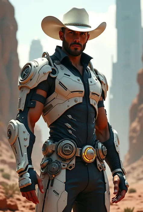 Create a cowboy hero white cowboy hat features muscular white costume component futuristic setting