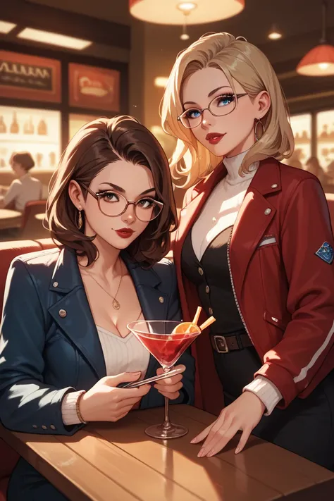 Two girls together ,  one blonde , Long hair, red lips,  with glasses , in a jacket, in a restaurant,  holds a martini glass, brunette girlfriend without glasses,  blue eyes ,  medium length hair , the left has brown eyes