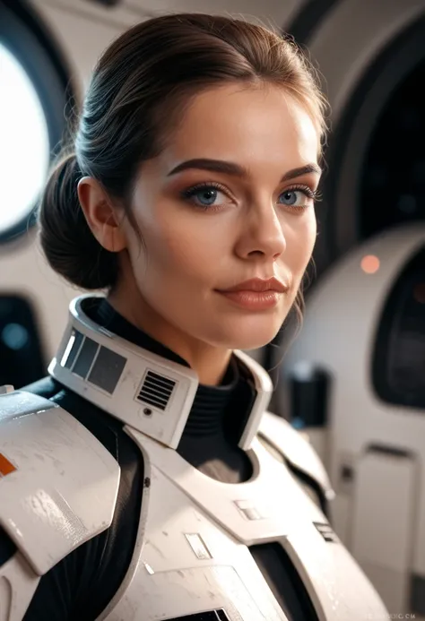 Star Wars, Sexy Female Stormtrooper (Cheryl Cole), taking off her suit, on a space station, detailed, Photorealistic, high resolution, 8k, photorealistic, hyper detailed, intricate details, dramatic lighting, cinematic composition