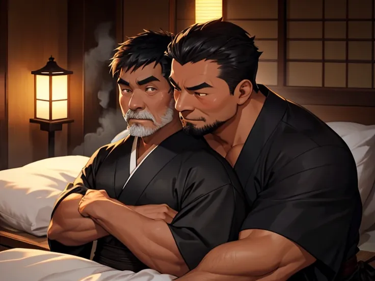 A 40 year old muscular scary man wearing a black kimono、Short Hair、Sweaty and steaming 、Moist air、Im tanned and my skin is pale、Couple of guys hugging、Japanese-style bed at night 