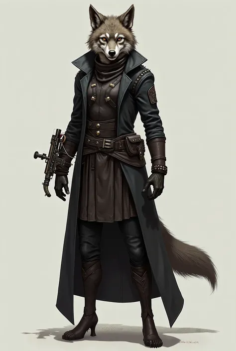  Anthropomorphic female wolf dressed in a long dark coat And armed with a mini crossbow worn on the wrist. Scarred face.Seins, 