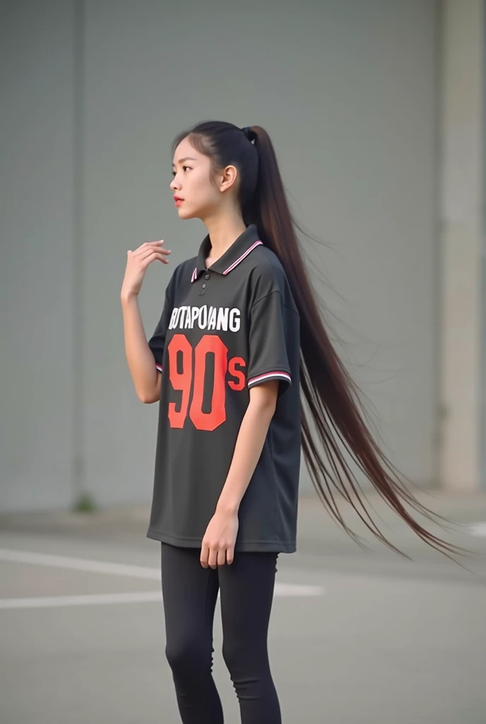 Long-range photography, action freestyle, In football sportswear, a dark black polo shirt with a bright print, a large graphic print, the words,"BUTAPUANG 90s,",  dress, Tight body sports pants ,  is the action on a modern football field., Wiggle your hand...