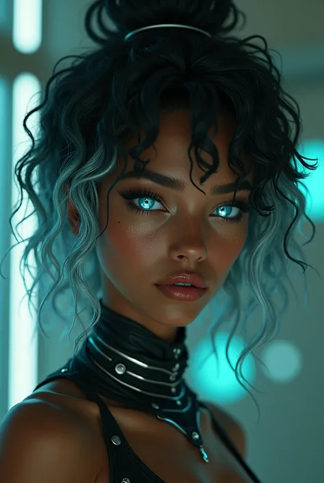 full body cyber punk style  A slender young woman with deep brown skin, silver streaks in her curly black hair, and glowing teal eyes 

