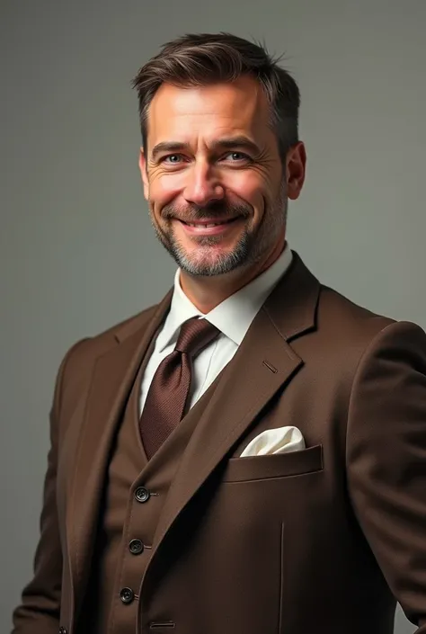 50 yo american male, short brown hair and beard, blue eyes and fair skin. He wears a brown suit with a white shirt, dark brown tie and white pocket handkerchief,cocky smirk