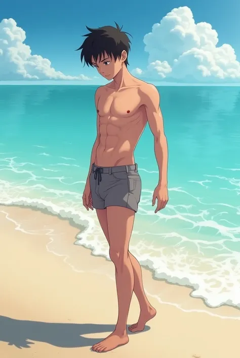 Naked teen boy on the beach, anime, thin, Sensual