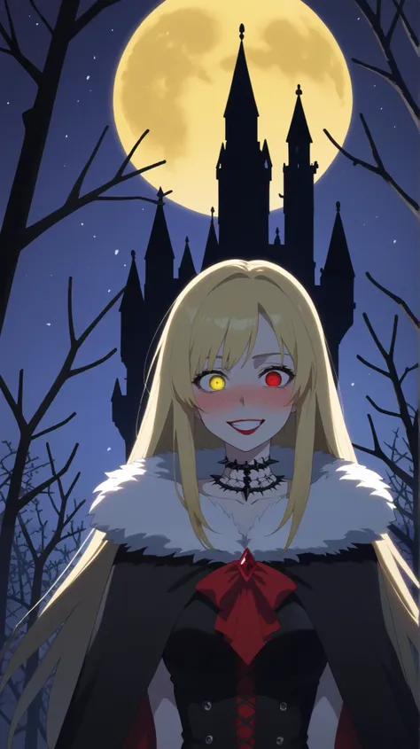 Heterochromia:   right retina red   ,   left retina yellow  .   red eyes , left eye yellow   , Heterochromia,   right eye a red   , left eye yellow   ,   blonde  , ((   long hair))   long blond hair lie on the shoulders,  perfect hairstyle,   diamond jewel...