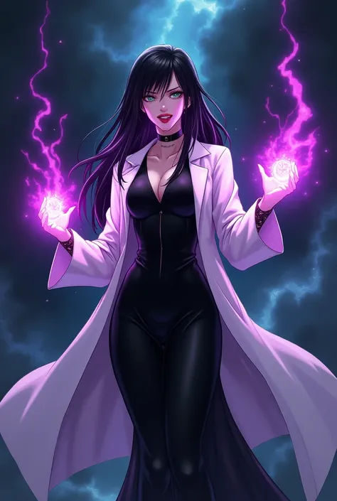 Anime style
Red lips
Evil laugh
Evil eyes 
Evil smile 
Black space
Outer space
Blue Earth
Dominate the earth
Rule the earth
Conquer the earth
Purple energy power
Purple plasma power
Purple power in hands
Woman
Human
45 years old 
Red lips
Evil laugh
Evil e...