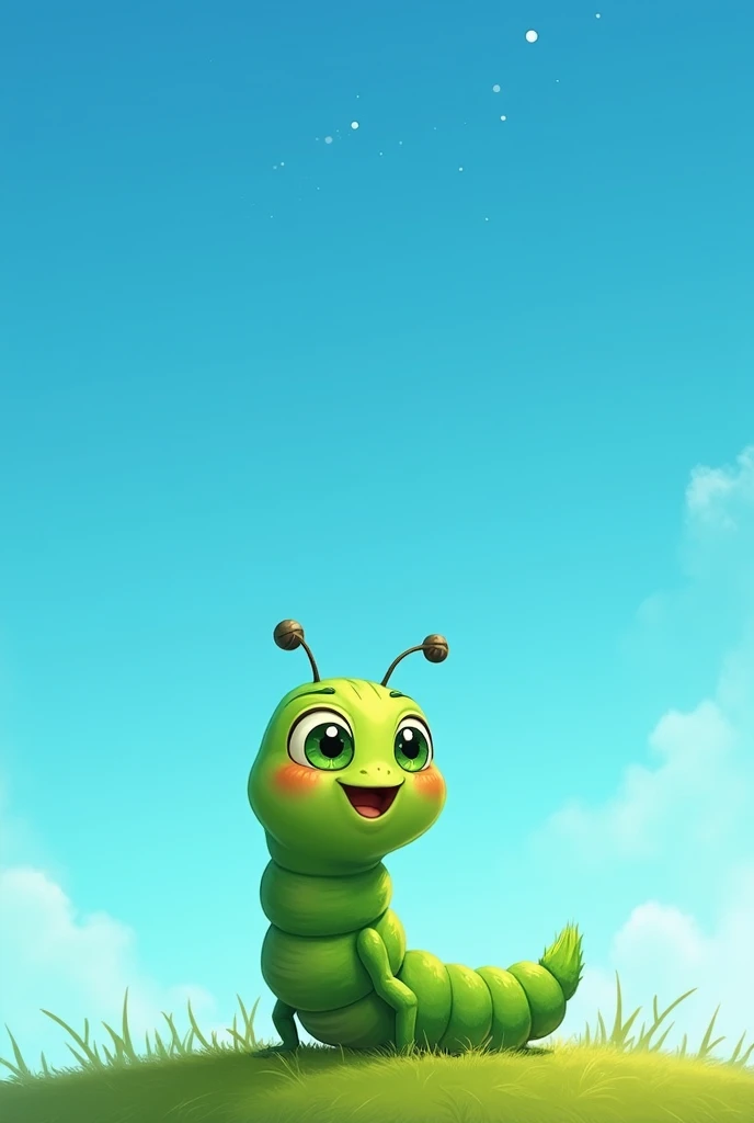  Image of a small green caterpillar with big eyes and an excited expression, is staring at the blue sky 