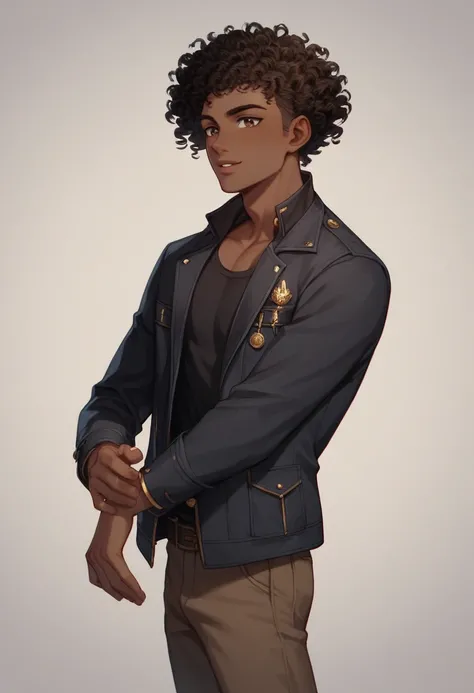 (Boy: 1.5) “Portrait of Koyo, a 1.80 m tall boy with dark brown skin and Afro-descendant features. He has black, curly hair, neatly styled in small curls and a voluminous haircut, and his hair is very short. Expressive, dark brown, with a shape that follow...