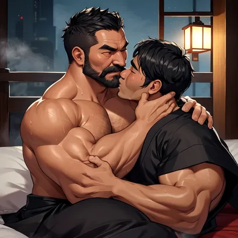 A 40 year old muscular scary man wearing a black kimono、Short Hair、Sweaty and steaming 、Moist air、Im tanned and my skin is pale、Couple of men kissing each other 、Japanese-style bed at night 