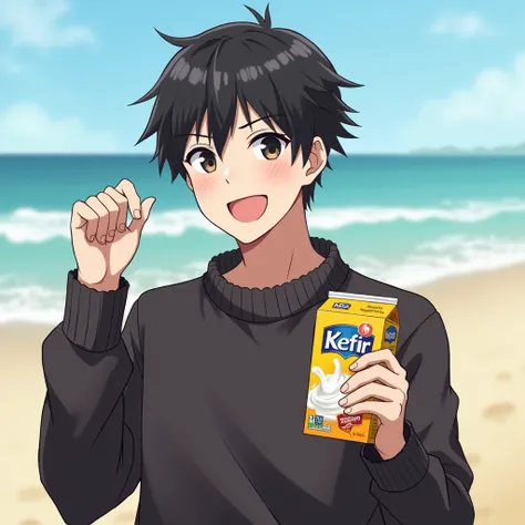 draw an anime-looking man with dark eyes, very short haircut in a dark warm sweater with a smile in braces, holding a package of kefir in your hand and pulls this hand forward, demonstrating it against the background of the beach