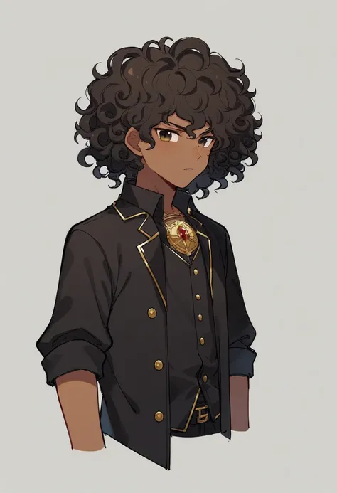 (Boy: 1.5) “Portrait of Koyo, a 1.80 m tall boy with dark brown skin and Afro-descendant features. He has black, curly hair, neatly styled in small curls and a voluminous haircut, and his hair is very short. Expressive, dark brown, with a shape that follow...