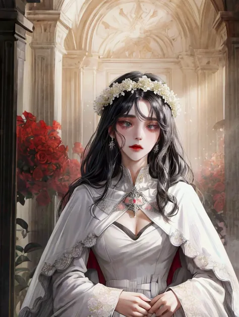 (absurdres, highres, ultra detailed) 1woman, white gown with capelet black hair, praying, floral wreath, high neck, floral background, running down stair sideways, scared