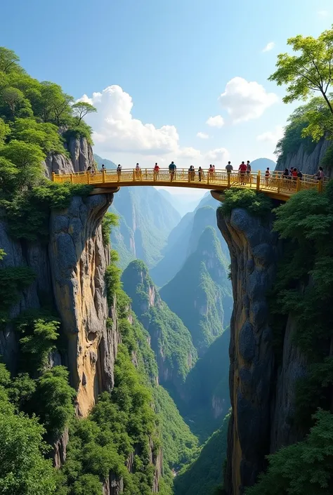 A breathtaking view of Vietnam’s Golden Bridge, featuring two enormous stone hands emerging from the lush green mountainside, gently cradling the golden walkway. The bridge glistens under the warm sunlight, with a clear blue sky and a few fluffy white clou...