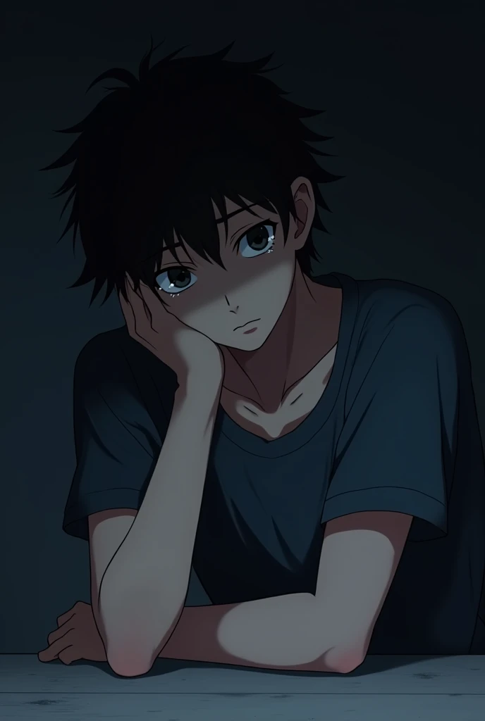 In anime style, a sad handsome young man with messy black hair, sitting with his head resting on one hand is looking dejected with a little teary eyes. He is wearing casual clothing, and the background is dark and plain, emphasizing the somber mood. The li...