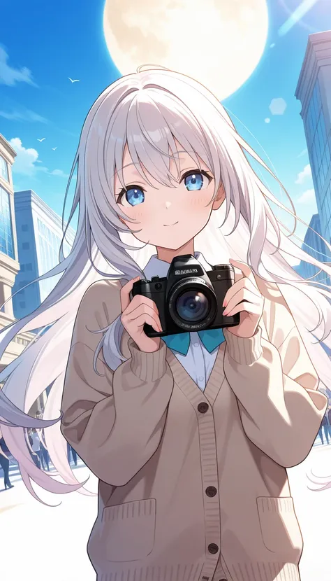 First person view, holding camera, take photo the viewer, high quality anime art, long white hair, long hair flowing, blue eyes, highly detailed face, elegant, vibrant colors, cinematic lighting, light brown cardigan, museum background, light brown cardiga...