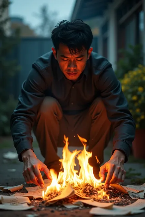  An Asian man is squatting in the yard, Hes burning a bunch of paper documents.,  among the burning documents have  "classified documents "