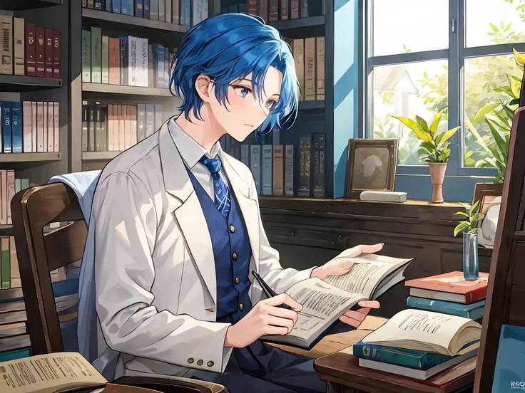 A blue-haired male student is unfolding an old book and taking lessons in a stone classroom
