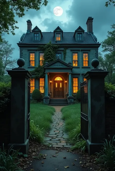 An ancient, decrepit mansion with an eerie glow emanating from its cracked windows. The front yard is overgrown with wild grass and vines climbing up the walls. The rusted iron gates are ajar, and the wind is blowing leaves across the ground. The moonlight...