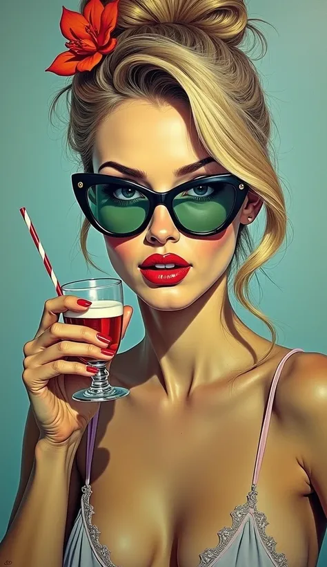    a painting of a woman wearing sunglasses and a drink,  a pop art painting by Konrad Witz   ,  trending in society CG , street art,  art in high ,  stunning art style ,   suitable for school   , DETAILED WOMAN,   beautiful work of art  , Trend in Artstra...