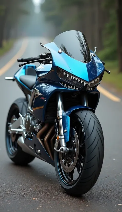 "A sharp and streamlined motorcycle inspired by a shark, designed as a two-wheeler and parked on a road. The bike has a metallic blue finish with silver accents, a fin-shaped top, and sharp teeth details around the front. The design is sleek and glossy, re...