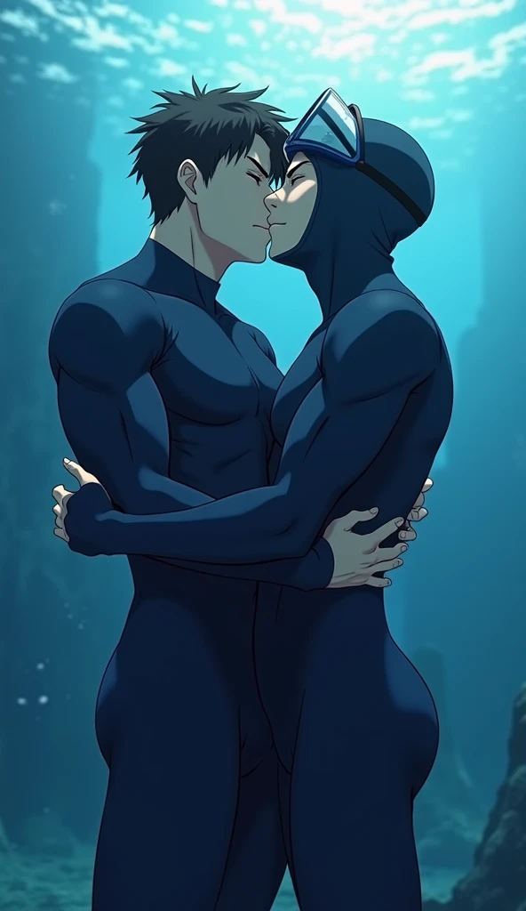 Two Japanese gay very handsome six-pack muscles young boy freediver anime in dark blue tight-fitting full-body wetsuit wearing tight-fitting wetsuit hood and diving goggles kissing deeply at the depth of 400ft below the seabed