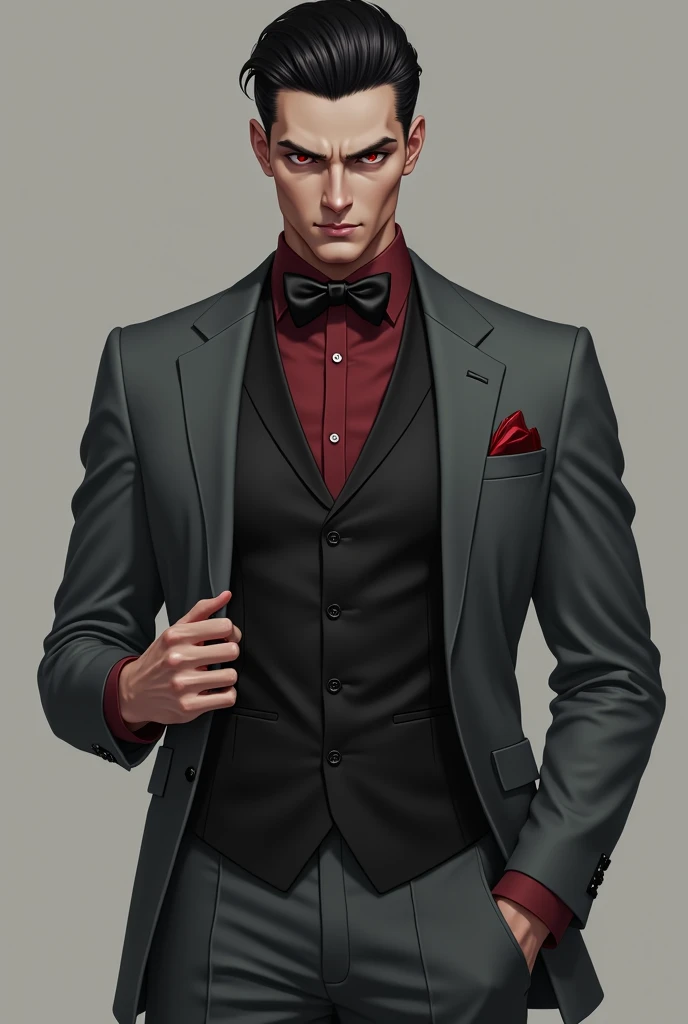 ART, very good detail, beautiful art, 4K quality, tall, handsome man in a full-length business suit, black hair combed back, cool haircut, cold, arrogant look down at the camera, red eyes, thick eyebrows, gray jacket, gray pants, black vest, burgundy shirt...