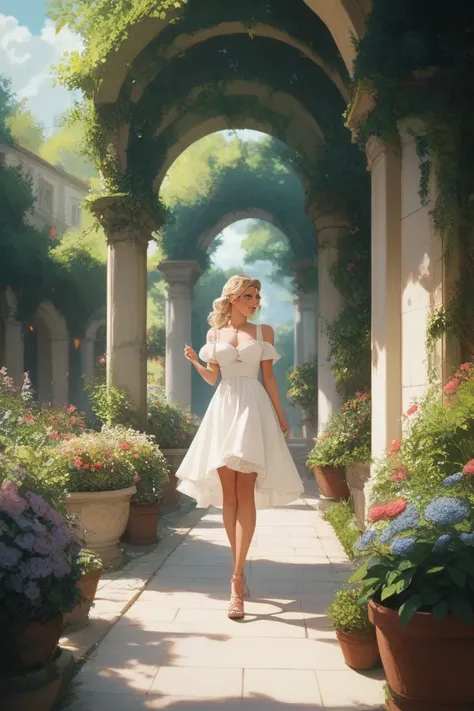 Blonde walking through a garden 