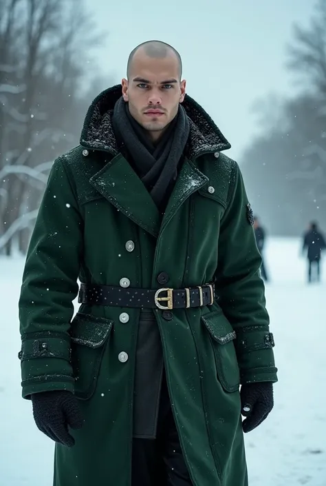 A completely bald and beardless 25-year-old mage with alopecia universalis, having a smooth, clean-shaven face, walking calmly through snow. The mage is wearing a winter coat in green and black with a Dieselpunk military style, featuring textured designs i...