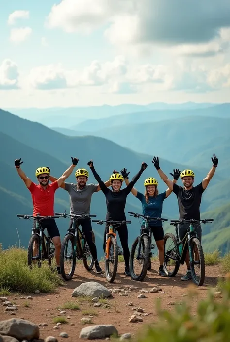  A group of cyclists on a rocky mountain during the day ,  wearing yellow bicycle helmets ,  posing happily with mountain bikes .  The landscape includes green hills and partially clear skies with soft clouds on the horizon. The group shows energy and joy ...