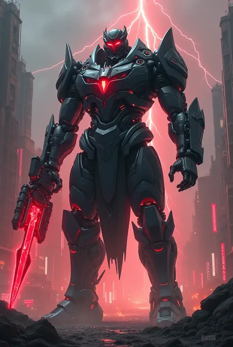 **Summary of the Prompt:**  
"A towering cybernetic warrior clad in dark metallic armor with sharp angular edges and glowing red accents. The helmet features a bright red visor, and the armor showcases energy conduits and a glowing reactor core. The warrio...