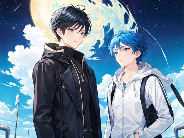 A male student with black hair is chatting with a male student with blue hair on a starry sky prairie