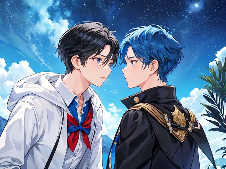 A male student with black hair is chatting with a male student with blue hair on a starry sky prairie