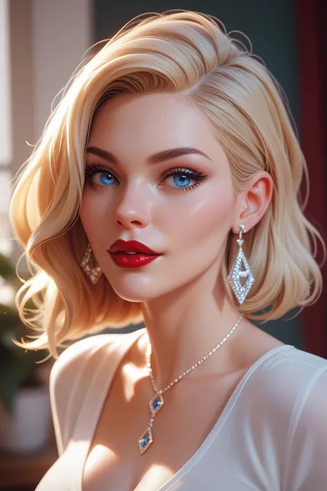 Blonde lady, blue eyes, red lipstick, earrings, white top