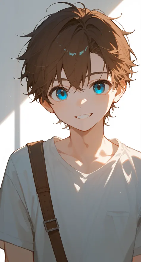 Redemption ， The male protagonist of the novel , 1. Juvenile，  pretty face  ，  Brown Hair  (  fashionable hairstyle  ) ,  blue eyes, white skin, Smile,  Warm light shade ,  correct proportions  , anime style