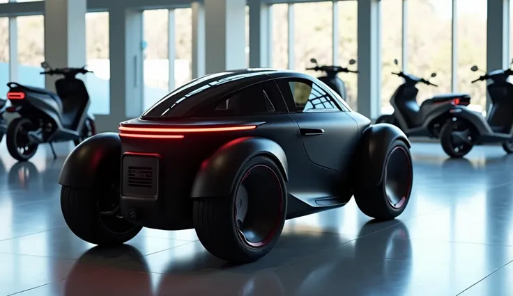 A captivating high-definition image of the 2025 Piaggio MP3 530 electric motercycle, a groundbreaking three-wheeled motorcycle that redefines modern transportation. The vehicle showcases a distinctive, car-like cabin design painted in a striking black hue,...