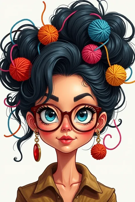 Woman in glasses with big earrings and balls of yarn in her hair. Dessin. blue eyes. curvy woman