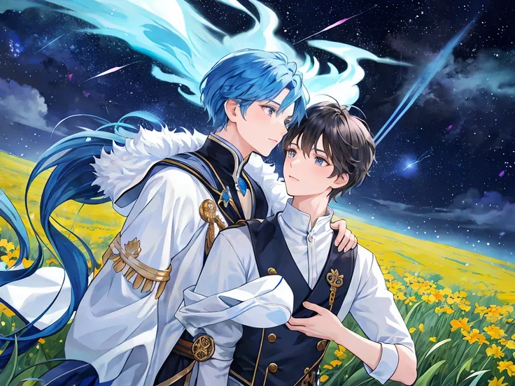 The dark-haired prince is chatting with a blue-haired male student on a starry prairie
