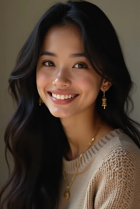 Una hermosa mujer de ,1 girl,Alone, Looking at the viewer,smile,By the chestnut,brown eyes ,black very very long hair,jewelry,Earrings,sweater,Lips,traditional media,vista 3/4, realistic ,Soft lighting, Professional Photography, Photo realistic ,  Detailed...