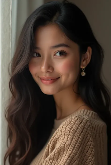 Una hermosa mujer de ,1 girl,Alone, Looking at the viewer,smile,By the chestnut,brown eyes ,black very very long hair,jewelry,Earrings,sweater,Lips,traditional media,vista 3/4, realistic ,Soft lighting, Professional Photography, Photo realistic ,  Detailed...