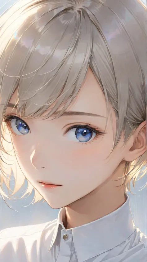 (1girl:1.3), (masterpiece:1.5), (best quality:1.5), (ultra-detailed), 8k, high-resolution, crisp details,n2D anime style, sharp line art, flat shading, clean outlines, simple and elegant composition, cinematic lighting,n(very short hair:1.9), (tousled gray...