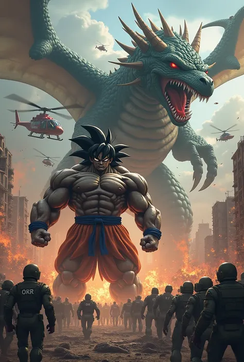 Je voudrais une image avec le dragon Sheron de dragon z et Sangoku en gorille de dragon ball z au milieu de zombies avec des chars, Helicopters marked OKR