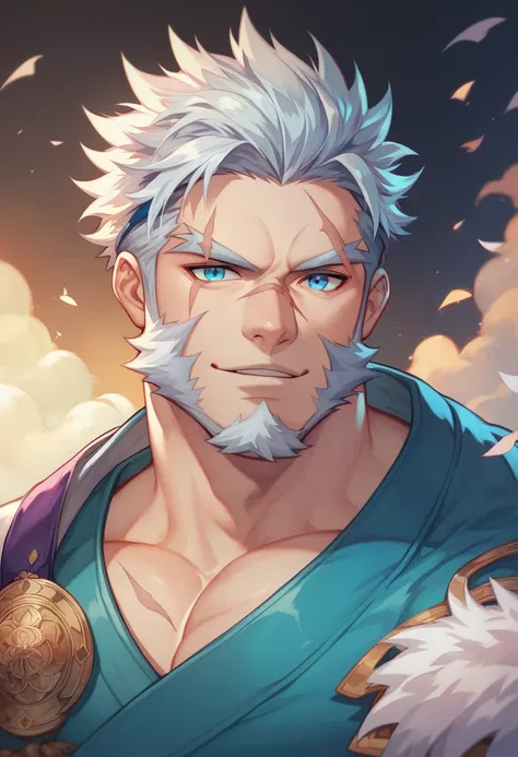 a blue-eyed cryomancer, white beard, summoner sorcerer class, has a scar on his forehead, wears Japanese sorcerers clothing, 8k high definition