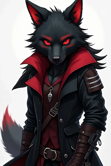 Anthropomorphic female wolf.
Black fur, with red dying mainly on the ears, and white stripes here and there.
Her main clothing piece is a long black leather coat. Three ring piercings on the point of the left ear.
Shes a mercenary with a chaotic temper, an...