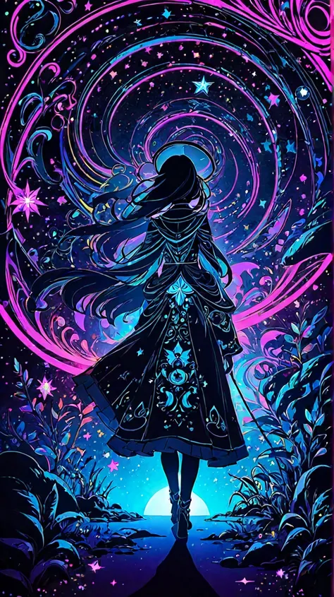 ((((black light poster art)))), design a captivating art piece featuring a mysterious and enchanting cosmic explorer, adorned with glowing celestial symbols and surrounded by swirling galaxies, a sense of adventure