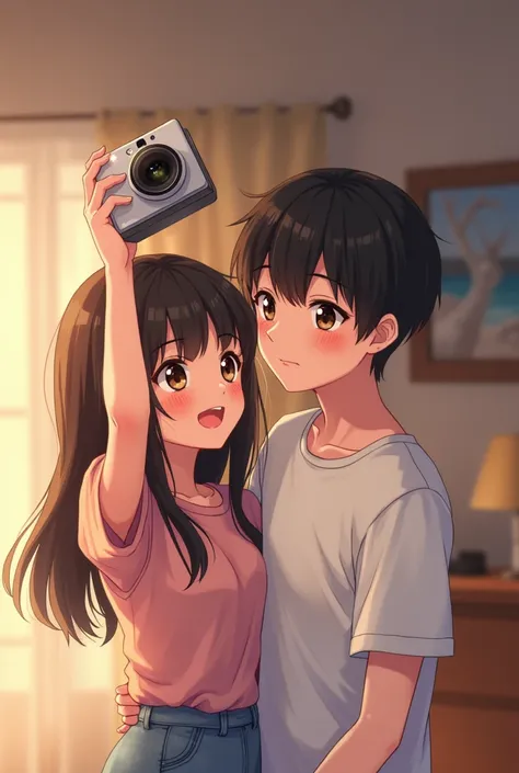 Anime manga couple taking picture with girl holding the mini camera up high