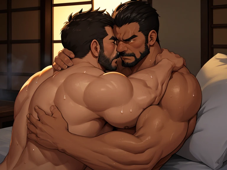 40 year old naked muscular scary man 、Short Hair、Sweaty and steaming 、Moist air、Im tanned and my skin is pale、Couple of men hugging each other while angry、Japanese-style bed at night 