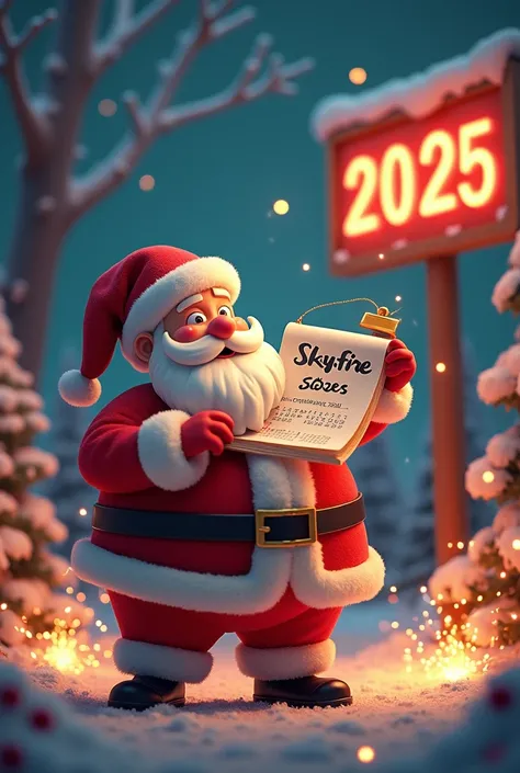 A santa looking a large 2025 calender named SKYFYRE in his behind and in the background with many crackers and in the ground their is a board in that it is written SKYFYRE STUDIO