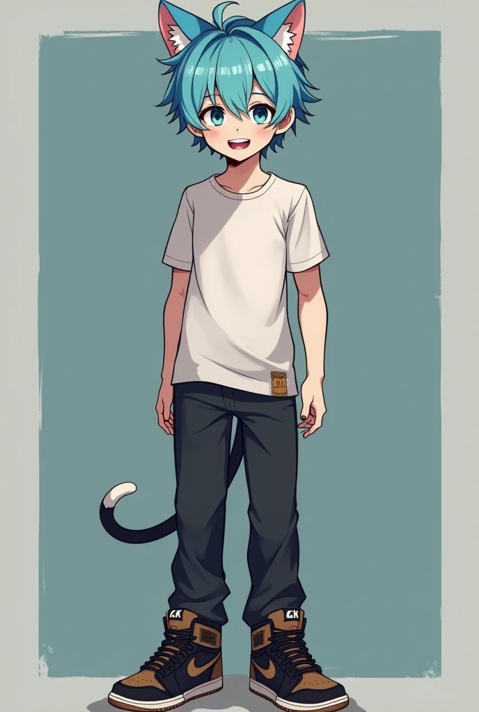  Creates a realistic image of a 20-year-old boy,  he has sky blue hair with cat ears of the same color on his head , his skin is white and with almost invisible freckles ,  his challenging sky blue eyes ,  perfect smile showing two small fangs . It would b...