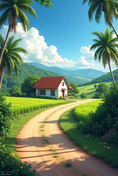 The image depicts a picturesque rural scene with a winding dirt road leading towards a quaint house nestled amidst lush greenery. The sky is a vibrant blue dotted with fluffy white clouds, creating a sense of tranquility. The house, painted in a soft white...